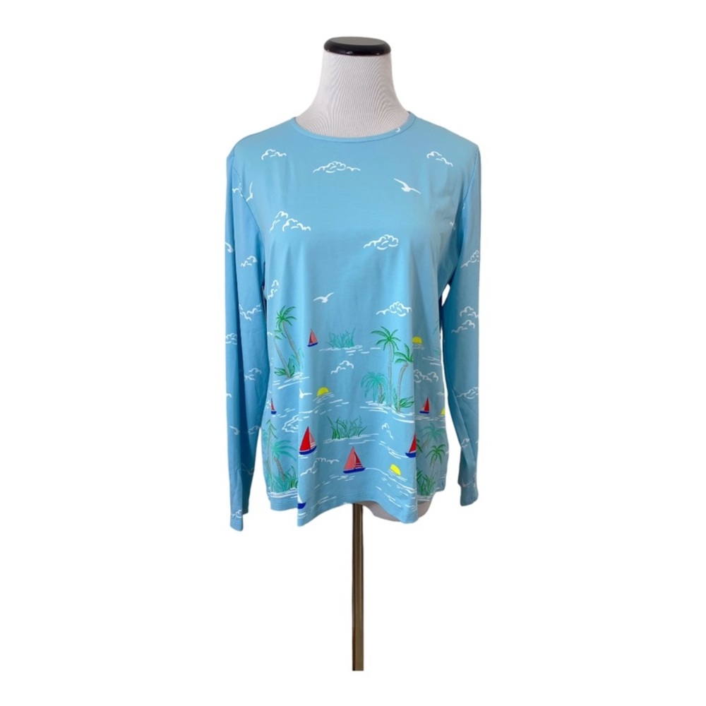 Lands End Rash Guard Athletic Swim Shirt Sz L Blue Beach Sailboat Palm Tree